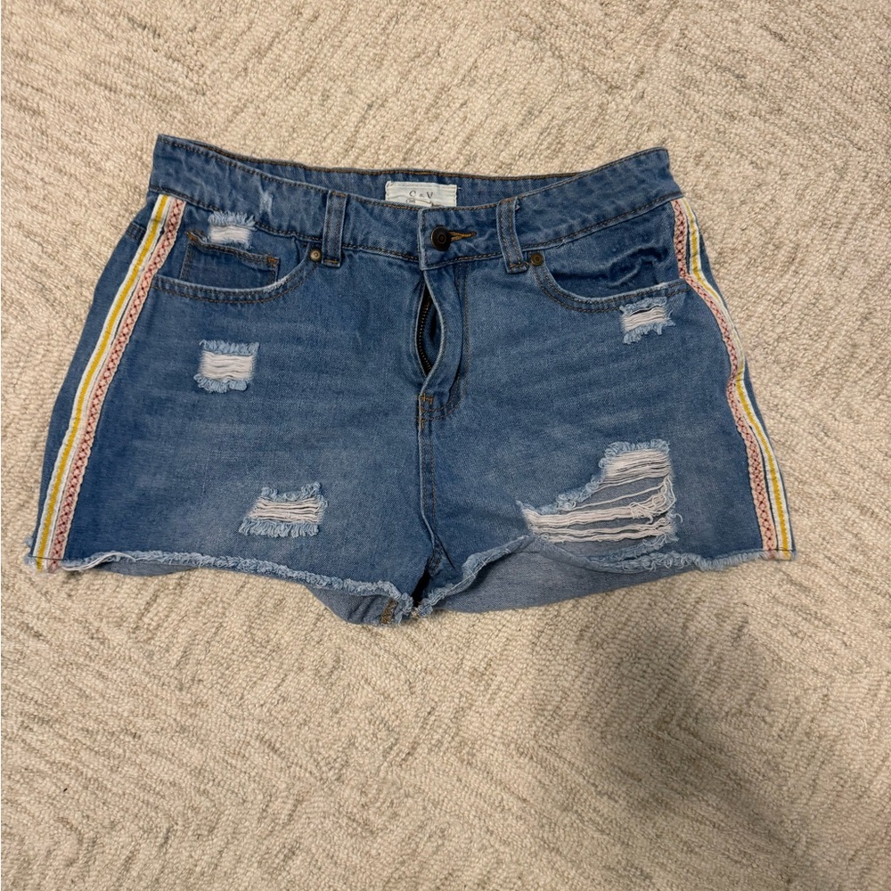 Blue Distressed Jean Shorts with Athletic Stripes